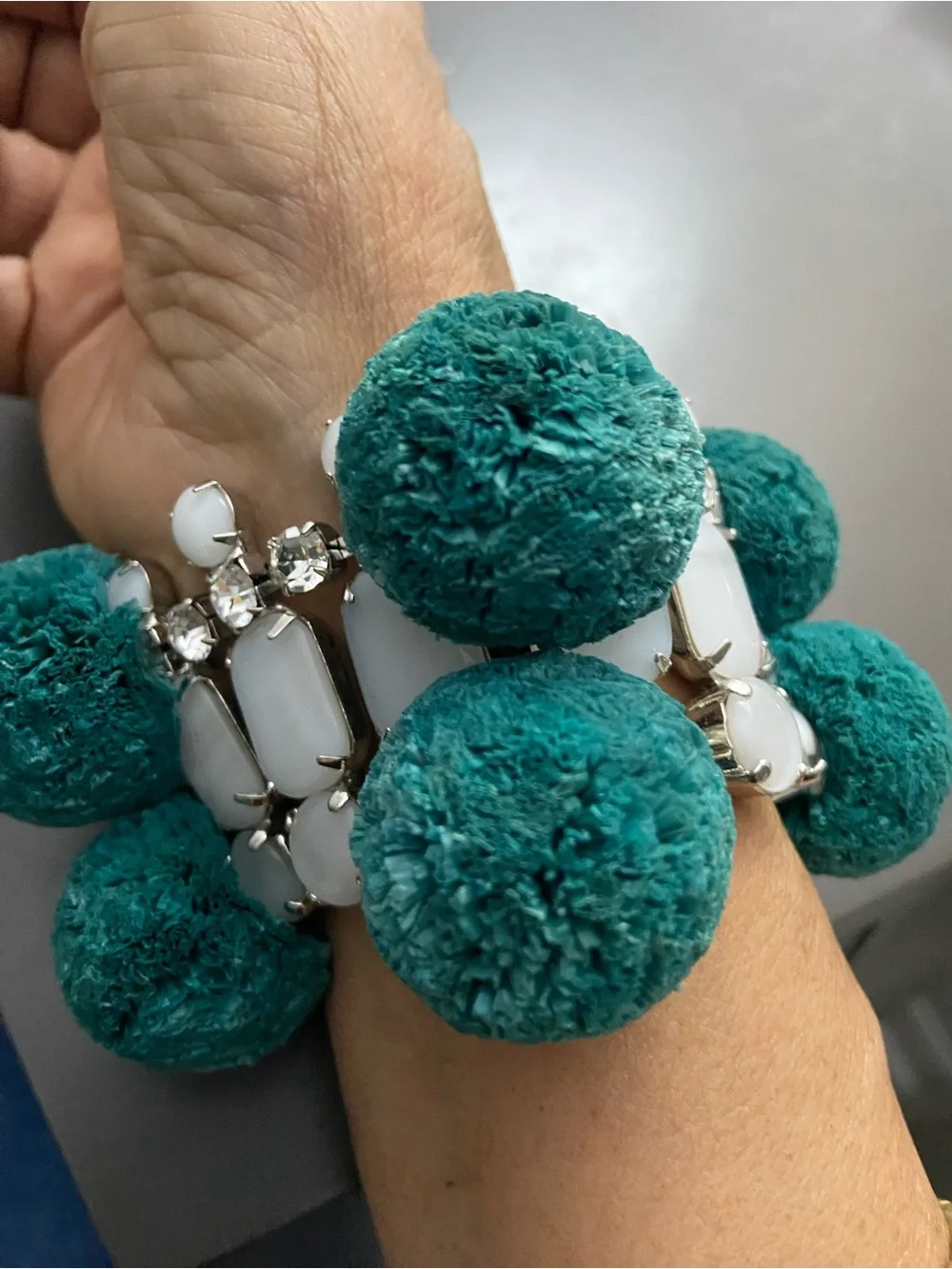 Tory Burch Teal Pom-Pom and White Stone Bracelet